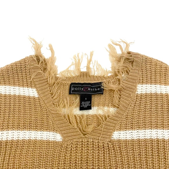 Polly & Esther Beige & White Stripes Destructed Chunky Knit Cropped Sweater, S - Picture 3 of 10
